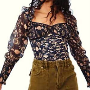 NEW Free People Brunch Date Black Floral Ruched Bodysuit SIZE SMALL Low Back